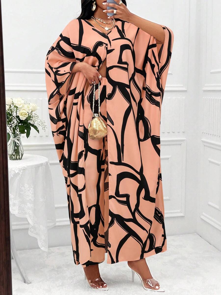 SHEIN Clasi Women's Printed Batwing Sleeve Split Hem Top And Wide Leg Pants Set - Pink - View 1