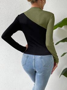 SHEIN Essnce 顏色塊立領t卹 - 墨綠色 - 查看 2