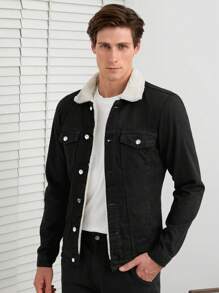 RueChic 男士羊絨領口抓絨內襯牛仔夾克 - 黑色 - 查看 6