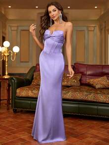 PARTHEA Ruched Twist Split Boning Satin Tube Dress Evening Gown/Formal Dinner Dress - Purple - View 5