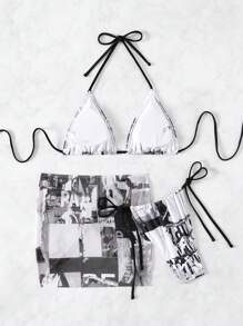 Swim EVENT Women's Letter Printed Three-Piece Triangle Separated Bikini Set Summer Beach - Black and White - View 6