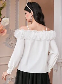 Modelyn Women'S Solid Color Exaggerated Flounced Cold Shoulder Shirt - White - View 2