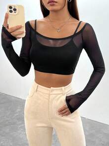 SHEIN EZwear Của phụ nữ Quần skinny Lưới Áo - màu đen - Xem 5