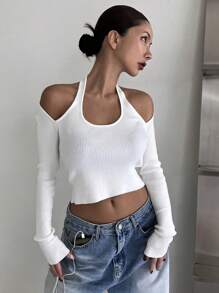 DAZY Women'S Cold-Shoulder Cropped Sweater Fall - White - View 6