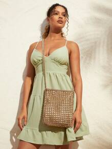 SHEIN VCAY Bolsa De Praia De Verão Trançada E Vazada, Bolsa De Palha Trançada, Bolsa De Tecido Trançado, Perfeita Para Viagem De Verão, Ao Ar Livre E Férias