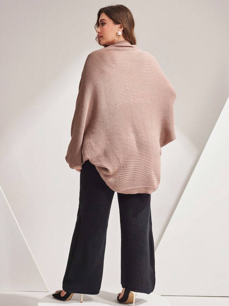 Plus Size Solid Color Batwing Cardigan With Sweater And Pants 2pcs/Set 2 Piece Set