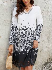 EMERY ROSE Robe À Manches Longues Et Col En V À Motif Floral - Noir et Blanc - Voir 1