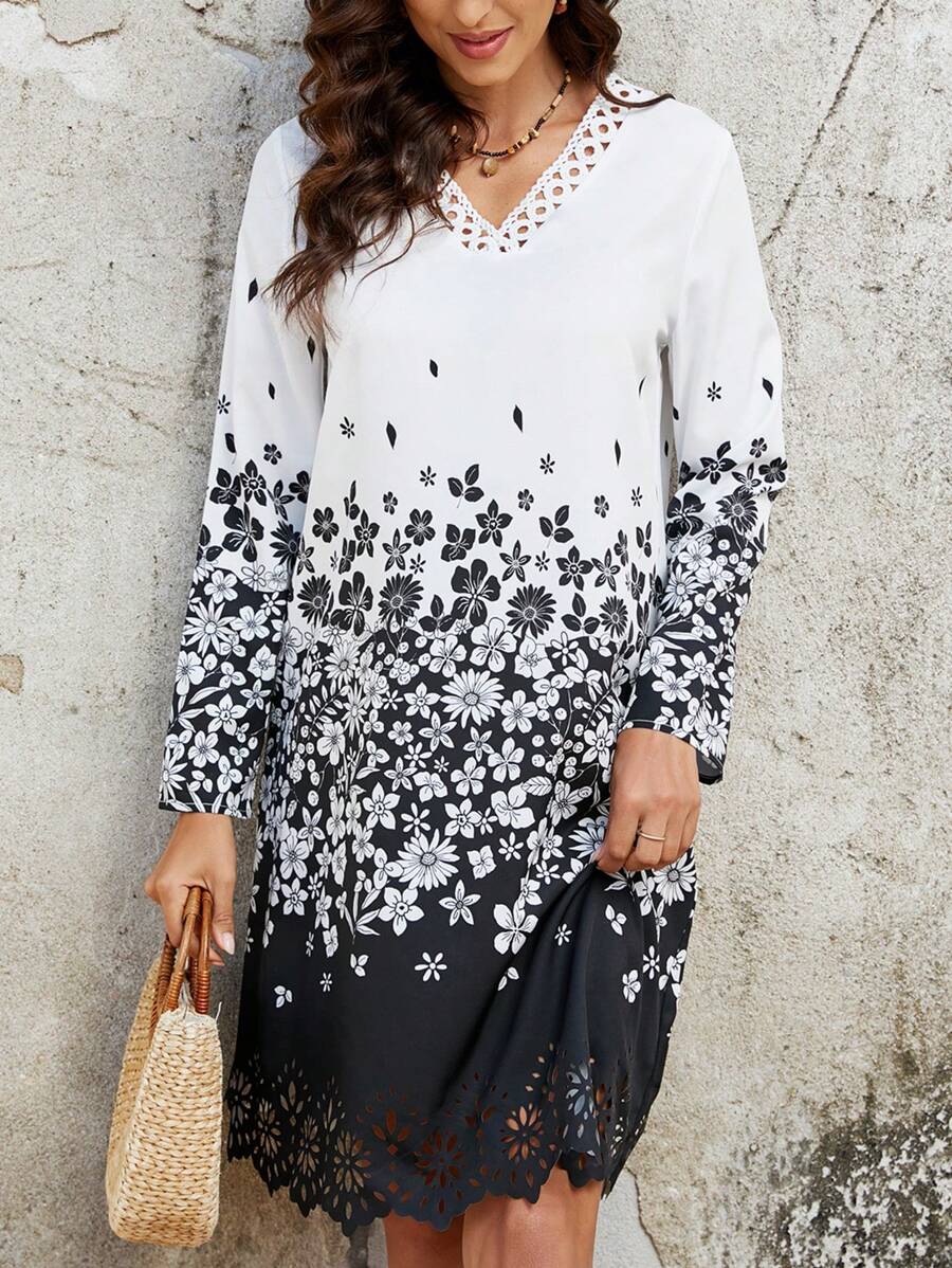 EMERY ROSE Robe À Manches Longues Et Col En V À Motif Floral - Noir et Blanc - Voir 1