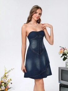 SHEIN MOD Women's Off Shoulder Denim Wrap Dress