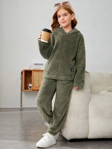 SHEIN Cô gái Dệt kim Màu thuần Sang trọng áo có mũ Lỏng lẻo Áo Và Quần Giải trí Bộ - xanh quân đội - Xem 1