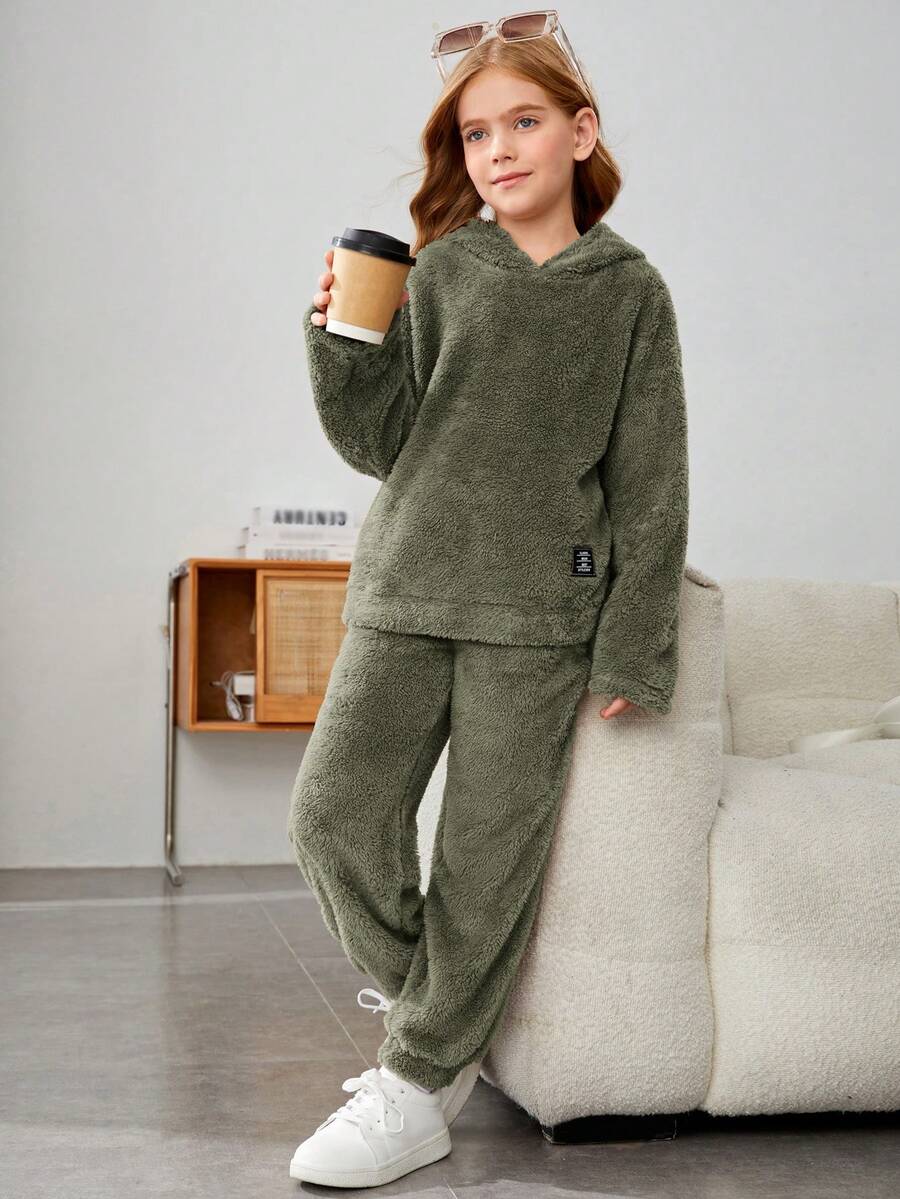 SHEIN Cô gái Dệt kim Màu thuần Sang trọng áo có mũ Lỏng lẻo Áo Và Quần Giải trí Bộ - xanh quân đội - Xem 1