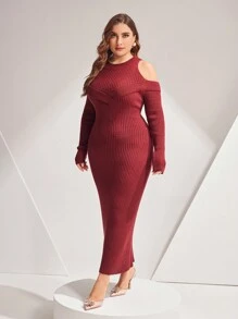 Mulvari 勃艮第红色加大码女式露肩紧身毛衣连衣裙 - 酒紅色 - 查看 6