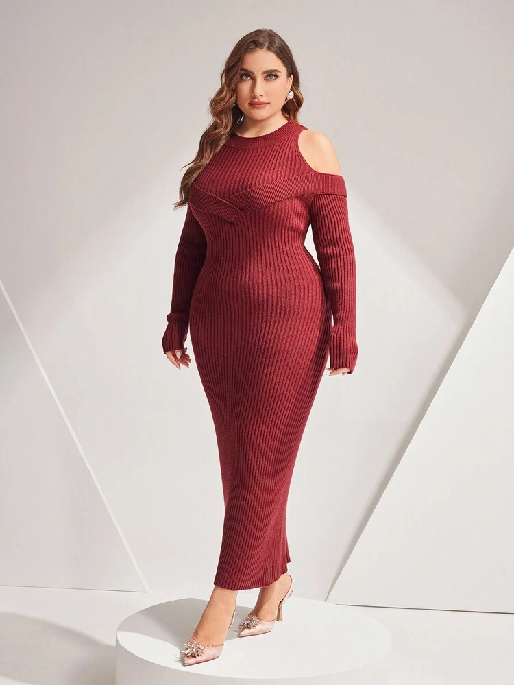 Burgundy Red Plus Size Women'S Cold Shoulder Bodycon Sweater Dress