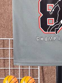 SHEIN Tween Boy Letter Printed Vest Shorts Two-Piece Set, School, Campus, College - Grey - View 5