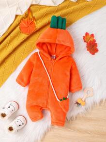 SHEIN Perso Play 寶寶女孩秋冬季溫暖可愛的胡蘿蔔造型連體衣,採用蓬鬆材質 - 橘色 - 查看 1
