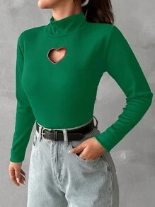 EURMUSE Heart Cut Out Mock Neck Tee - Army Green - View 3
