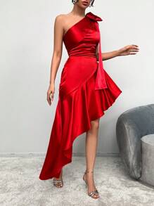 SHEIN Cottnline Women's Satin Ruffle Hem Cocktail Party Dress - Red - View 5