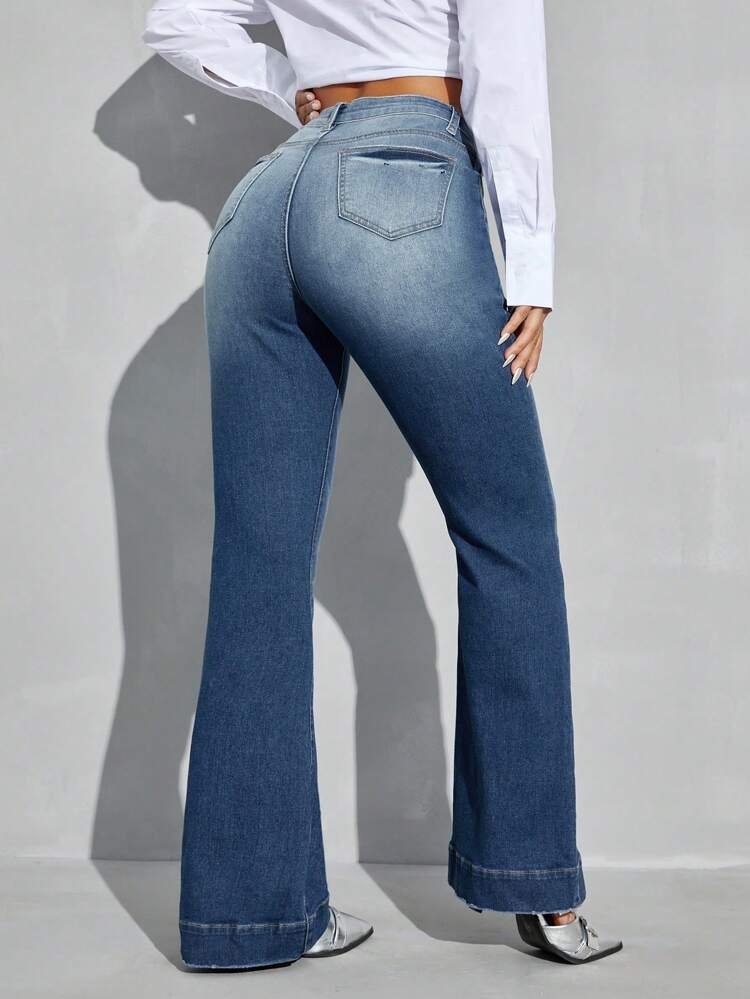 High Waist Bleach Wash Flare Leg Jeans