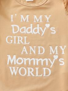 SHEIN Infant Girls' Slogan Printed Bodysuit With Color Block Shorts Set - Khaki - View 7