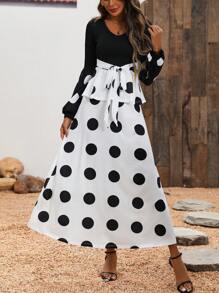 SHEIN LUNE 波點印花燈籠袖束腰帶洋裝 - 黑與白 - 查看 1