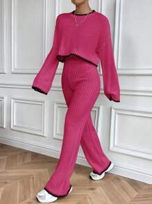 SHEIN Unity 對比邊滴肩毛衣和針織長褲簡單休閒套裝 - 彩色 - 查看 1