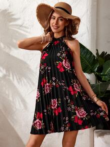 SHEIN VCAY Women'S Holiday Floral Printed Pleated Halter Dress - Black - View 4