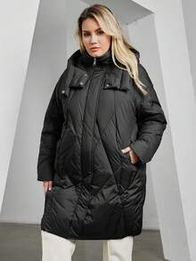 帶口袋和側面條紋的加大碼帽子羽絨夾克 - 黑色 - 查看 5