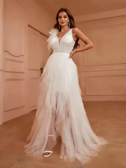 SHEIN Belle 深v領網紗婚禮禮服,不對稱下擺