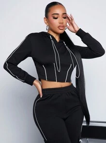 SHEIN SXY 商務輪廓性感派對服配方領拼接連帽衫女式連帽衫 - 黑與白 - 查看 4