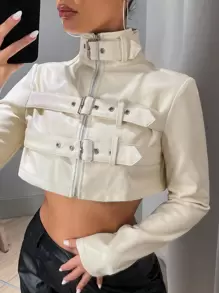 SHEIN ICON 女式短立领 PU 皮革上衣配腰带装饰，女士休闲纽扣、口袋、拉链常规袖常规版型米色纯色女式夹克，春季/秋季，休闲日常穿着 - 米色 - 查看 3