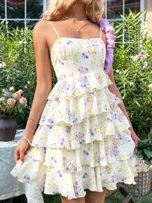 Soleia Women's Floral Printed Tiered Cami Dress For Vacation Tea Party Attire - Multicolor - View 1