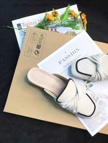 HanDuEke Women's Chunky Heel Mules, Shoes, Summer Outdoor Fashion Flat Pumps, Soft Comfortable Slippers, Embroidery Color Block Half Slippers - Beige - View 5