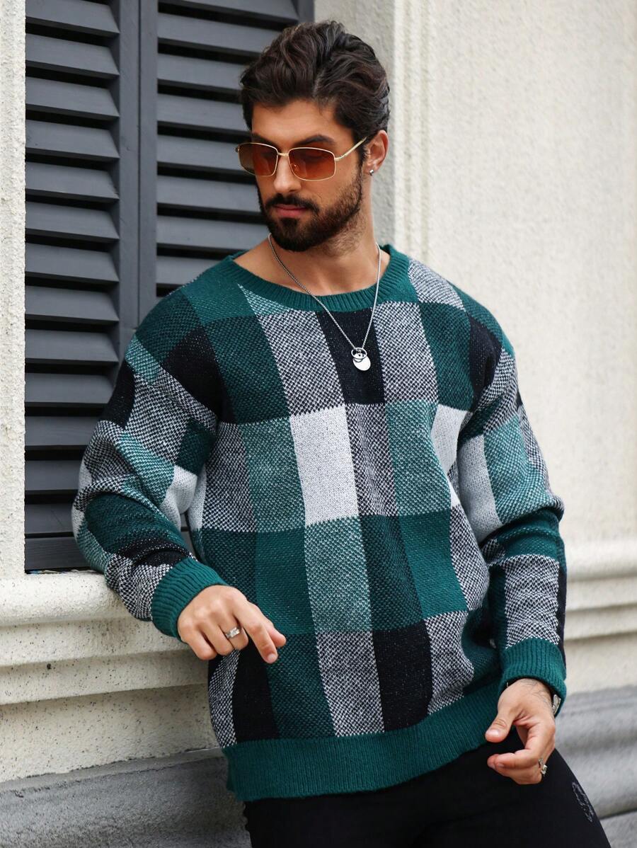 男士格紋圓領毛衣 - 軍綠色 - 查看 1
