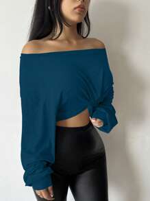 Zolique Women's Off-Shoulder Knotted Hem T-Shirt Fall Cloth For Women - Blue - View 6