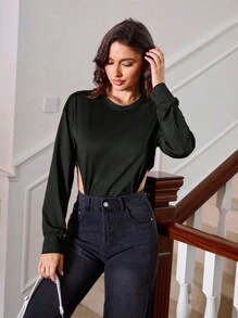 SHEIN Unity 純色下垂肩長袖連體衣 - 黑色 - 查看 4