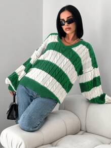 SHEIN Cottnline Women's Striped Colorblock Drop Shoulder Sweater - Green - View 5