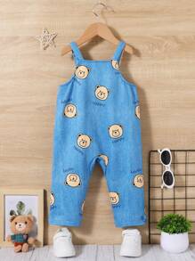 SHEIN Baby Boys' 1pc Cute Bear Denim Effect Jumpsuit
