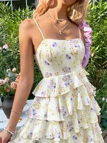Soleia Women's Floral Printed Tiered Cami Dress For Vacation Tea Party Attire - Multicolor - View 3