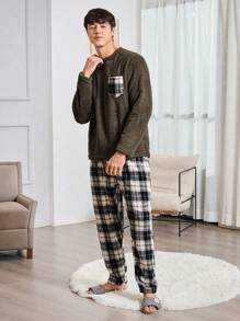 男士格紋補丁貼口袋法蘭絨睡衣套裝 - 彩色 - 查看 6