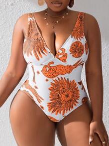 SHEIN Swim Curve Plus Size Deep V-Neck One Piece Swimsuit With Plant & Animal Print And Knotted Side Swim Skirt Summer - Multicolor - View 5