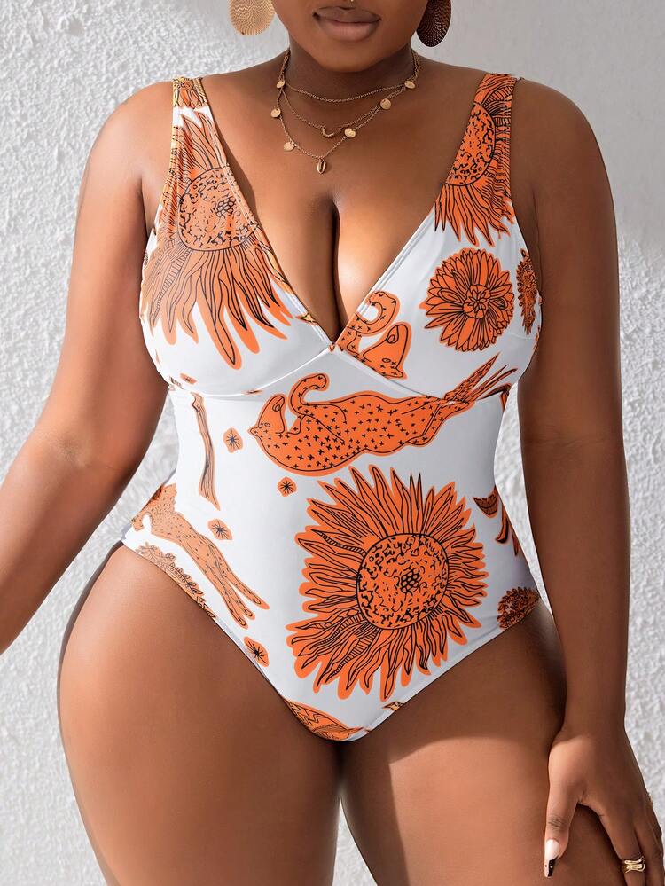 Plus Size Deep V-Neck One Piece Swimsuit With Plant & Animal Print And Knotted Side Swim Skirt Summer