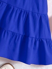 SHEIN Young Girls' Casual Blue Vacation Dress, Featuring A Simple Dress With Cute Short Cap Sleeves And An A-Line Silhouette, Increasing Its Versatility. Comfortable Fabric Enhances Wearing Comfort, Easy To Match And Stylish. Perfect For Daily Outings, Casual Outdoor Activities In Spring And Summer. - Blue - View 3