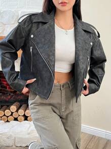 SHEIN EZwear Turn-down Collar Black Leather Jacket With Zipper - Black - View 4