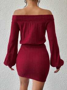 SHEIN Essnce 一字肩燈籠袖腰帶緊身洋裝 - 紅色 - 查看 2