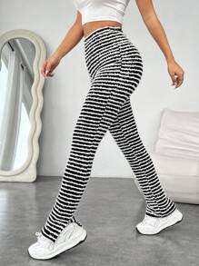 SHEIN EZwear Women Casual Striped Pants With Side Slit Hem, Versatile - Black and White - View 5