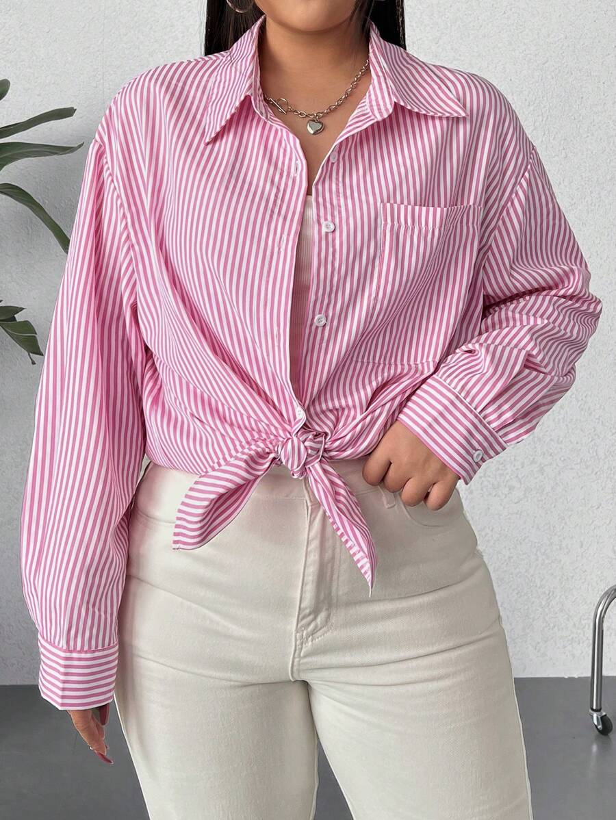 SHEIN EZwear Camisa Larga De Rayas Para Mujer De Talla Grande