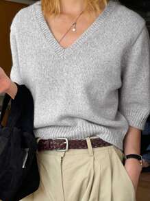 DAZY 女士商务休闲 V 领通勤中性针织毛衣，秋季返校服装 - 灰色 - 查看 6