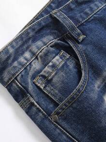 Tween Boy Street Style Shark Embroidered Distressed Jeans - Medium Wash - View 3