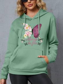 SHEIN LUNE Của phụ nữ Loại bướm In Áo nỉ có mũ - Màu xanh Bạc hà - Xem 4