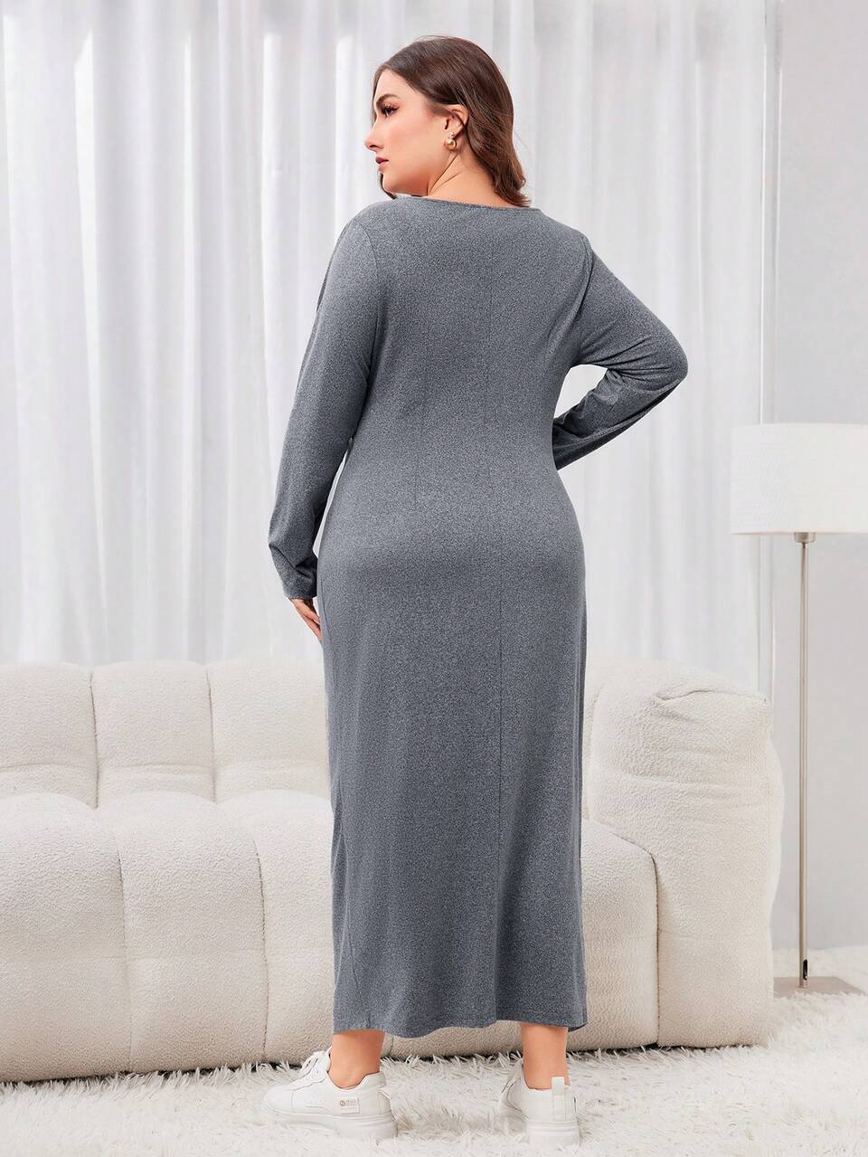 Plus Size Women'S Slip Dress With Split Hem And Pleats